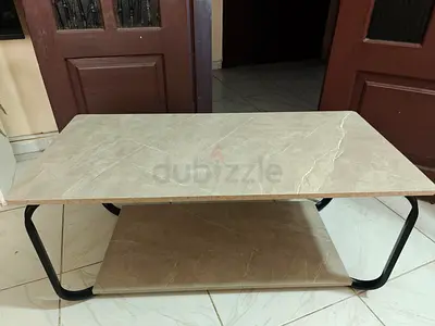 Marble-look Coffee Table with Lower Shelf and Black Metal Legs