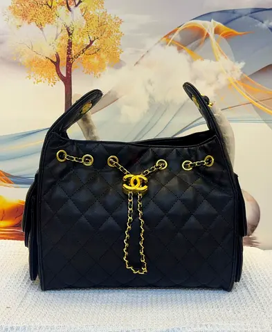 Black Quilted Shoulder Bag with Gold Chain Detail