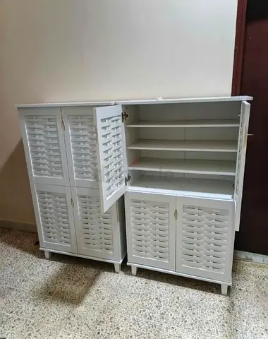 White Wooden Storage Cabinet with Shelves — 2-Piece Unit