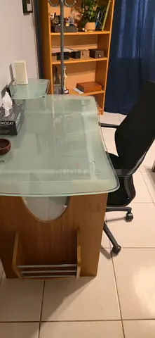 Wood and Frosted Glass Computer Desk with Storage Shelves including chair