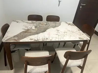 Wooden 6-Seater Dining Table with Marble-Effect Top