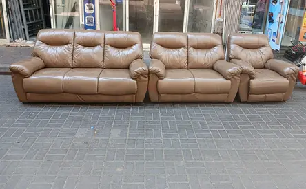 Brown leather 3-piece sofa set (3-seater, 2-seater, single)