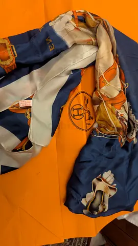Silk-style designer print scarf in navy and orange - gently used