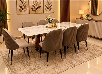 Marble-top dining table with 8 upholstered chairs - like new