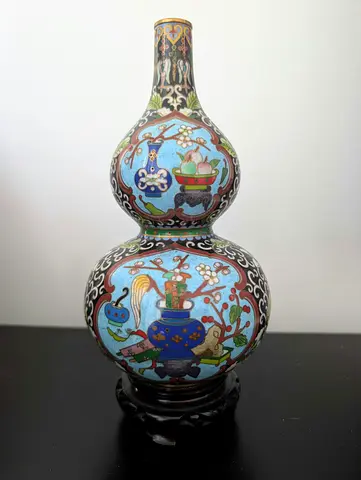 Vintage Chinese Cloisonné Double Gourd Vase (23cm) with Wooden Stand
