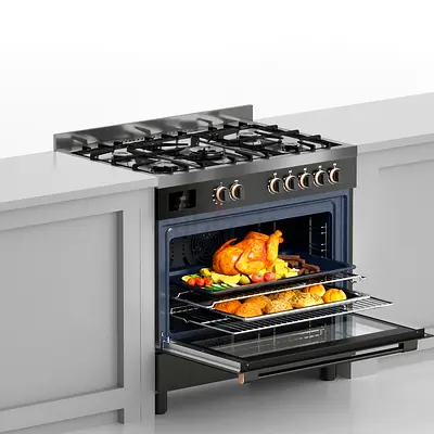New Stock Toshiba Oven Dual Fan Digital Clock 5 Burner Full Gas Cooker Range Size 90×60 cm Charcoal