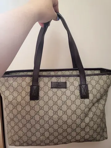 Authentic Gucci beige GG monogram tote bag with leather straps
