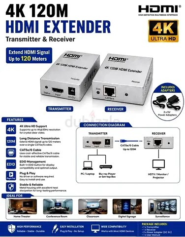 4K HDMI Extender - Transmitter & Receiver (Up to 120m)