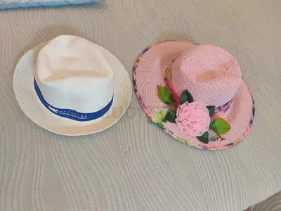 Two women's summer hats (pink floral & white) - gently used