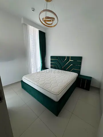 Green double bed with matching bedside tables and mattress. 180x200, Guestroom, 2 weeks used max