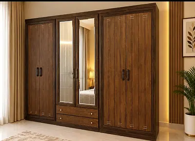 Solid Wood 4-Door Wardrobe with Mirror and Drawers - Dark Brown