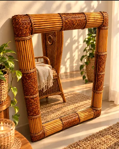 Rattan Wicker Floor Mirror - Natural Boho Frame