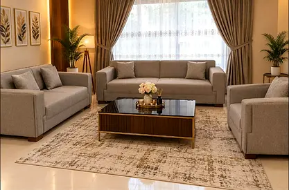 3-piece grey fabric sofa set with coffee table - excellent condition