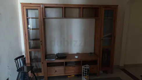 Pine wood entertainment unit / TV cabinet with glass display shelves