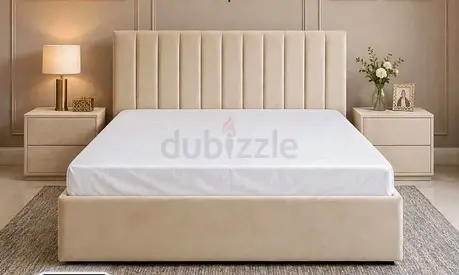 Beige Upholstered Double Bed with Headboard and Base