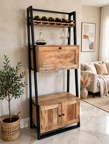 wooden and black metal leaning bar cabinet featuring a stemware rack with hanging wine glasses,