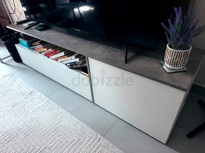 Low white TV console cabinet with grey top - modern, mint condition.
