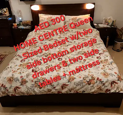 Queen bed set with mattress, headboard lights and bedside tables - Home Centre