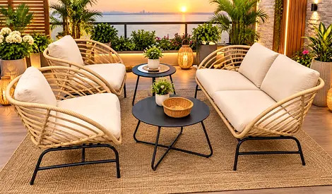 Outdoor rattan-style 3-seater sofa set with two armchairs and coffee tables