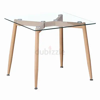 Glass table, wood legs
