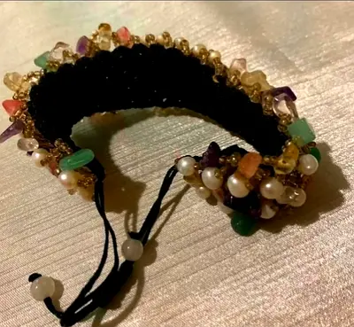 Handmade Beaded Bracelet with Pearls and Multicolored Semi-Precious Gemstones. New. Never Worn.