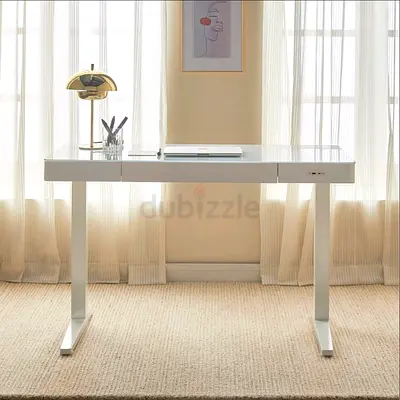 White modern computer desk with slim drawers — good condition