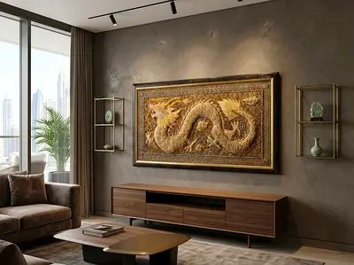 Grand 1.75m Antique Burmese Kalaga Tapestry |Museum-Quality Hand-Embroidered 3D Dragon Gallery Piece