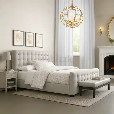 Button tufted head and footboard silver leather double bed set