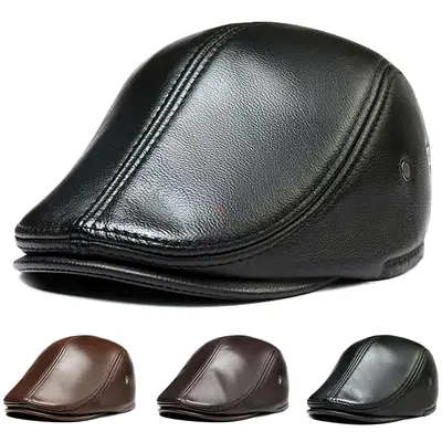 Real Leather Newsboy Cap - Vintage Style Golf Flat Hat for Men