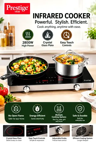 Prestige Double Infrared Cooker — 2800W, Crystal Glass Plate