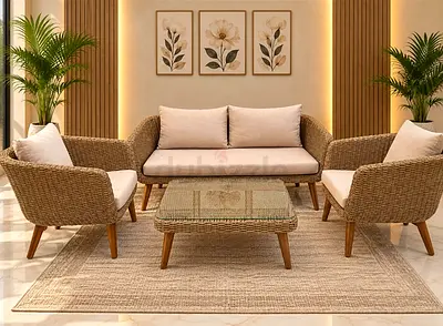4-piece Wicker Rattan Sofa Set with Glass Coffee Table