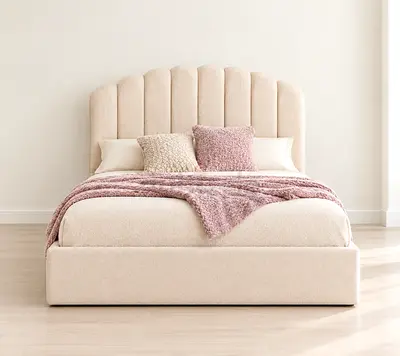 New Upholstered Queen Size Bed with Padded Headboard - Neutral Beige