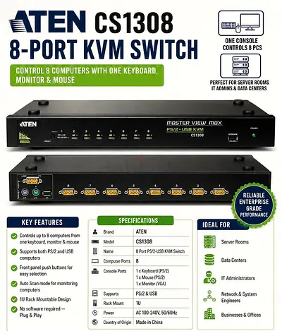 ATEN CS1308 8-Port KVM Switch | PS/2 & USB | Used - Excellent Condition