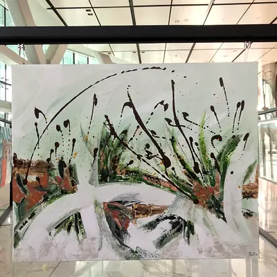 Original Abstract Green & White Acrylic Painting on Canvas