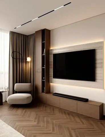 Modern minimalist TV entertainment center with built-in shelving