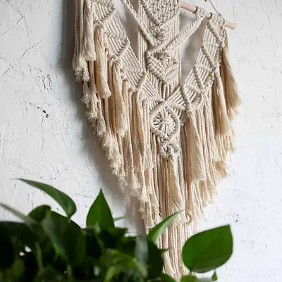 Handmade Macramé Wall Hanging Boho Tapestry - Neutral Cotton Fringe