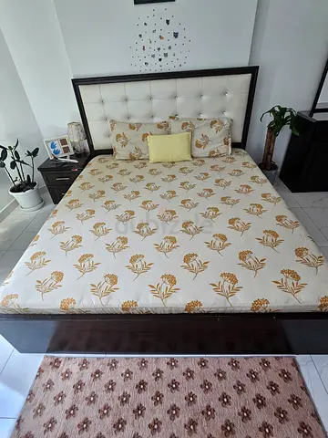 King Bed Frame with Headboard and Mattress - Dark Wood
