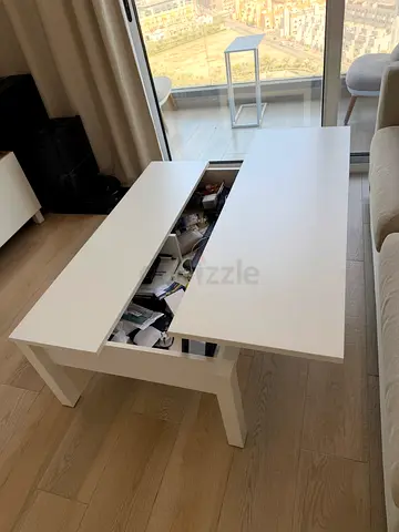 White modern rectangular coffee table with hidden storage - very good condition