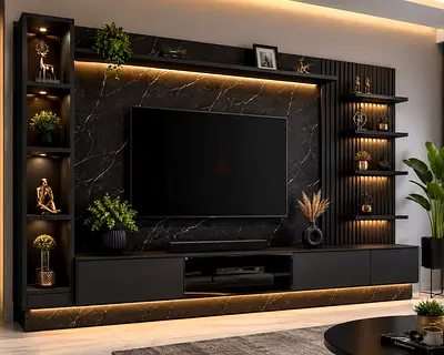Modern wall-mounted entertainment unit with LED lighting and built-in electric fireplace