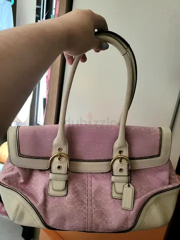 Authentic Pink Coach Signature Canvas Tote Bag with Cream Leather Trim