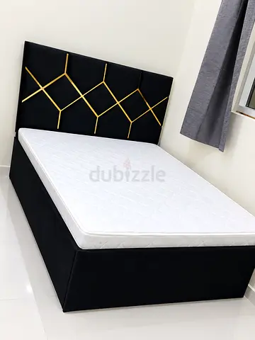 New Black Fabric Queen size Bed Frame with Geometric Gold Headboard and mattress