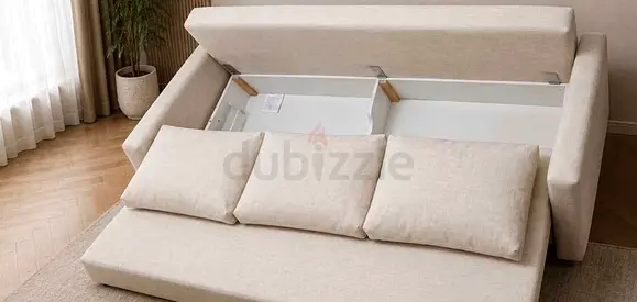 Beige Storage Sofa Bed with Pull-Out Mattress — Good Condition