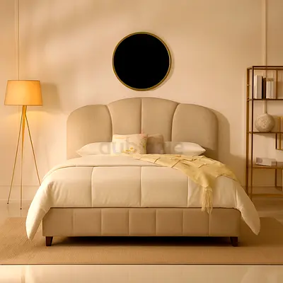 Sllek line curved headboard queen size beige boucle bed