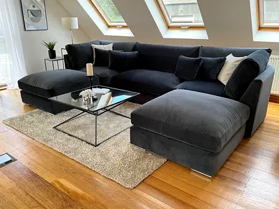 Large L-shaped Dark Grey Velvet Sofa with Chaise