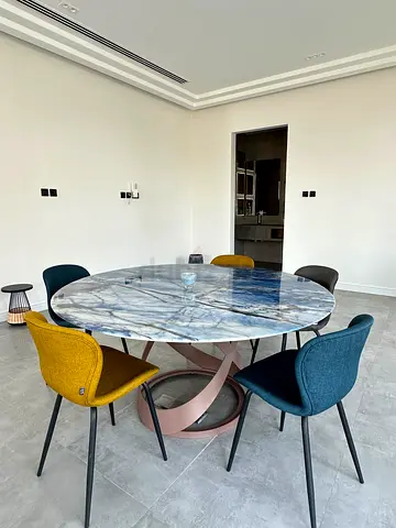 Round Marble Dining Table with 6 Mixed-Color Chairs - Modern Set