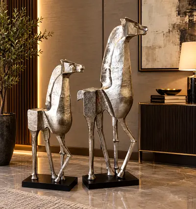 Marina Home Pair of Silver Metal Horses Sculptures - Decorative Floor Statues