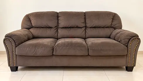 Brown 3-Seater Fabric Sofa with Nailhead Trim - Comfortable, Good Condition