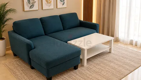Blue L-shaped Fabric Sofa with Chaise - Good Condition