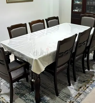 Solid Dark Wood 8-Seater Dining Table with Chairs and Display Cabinet