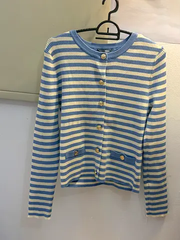 Light Blue & White Striped Knit Button-Up Cardigan - Small